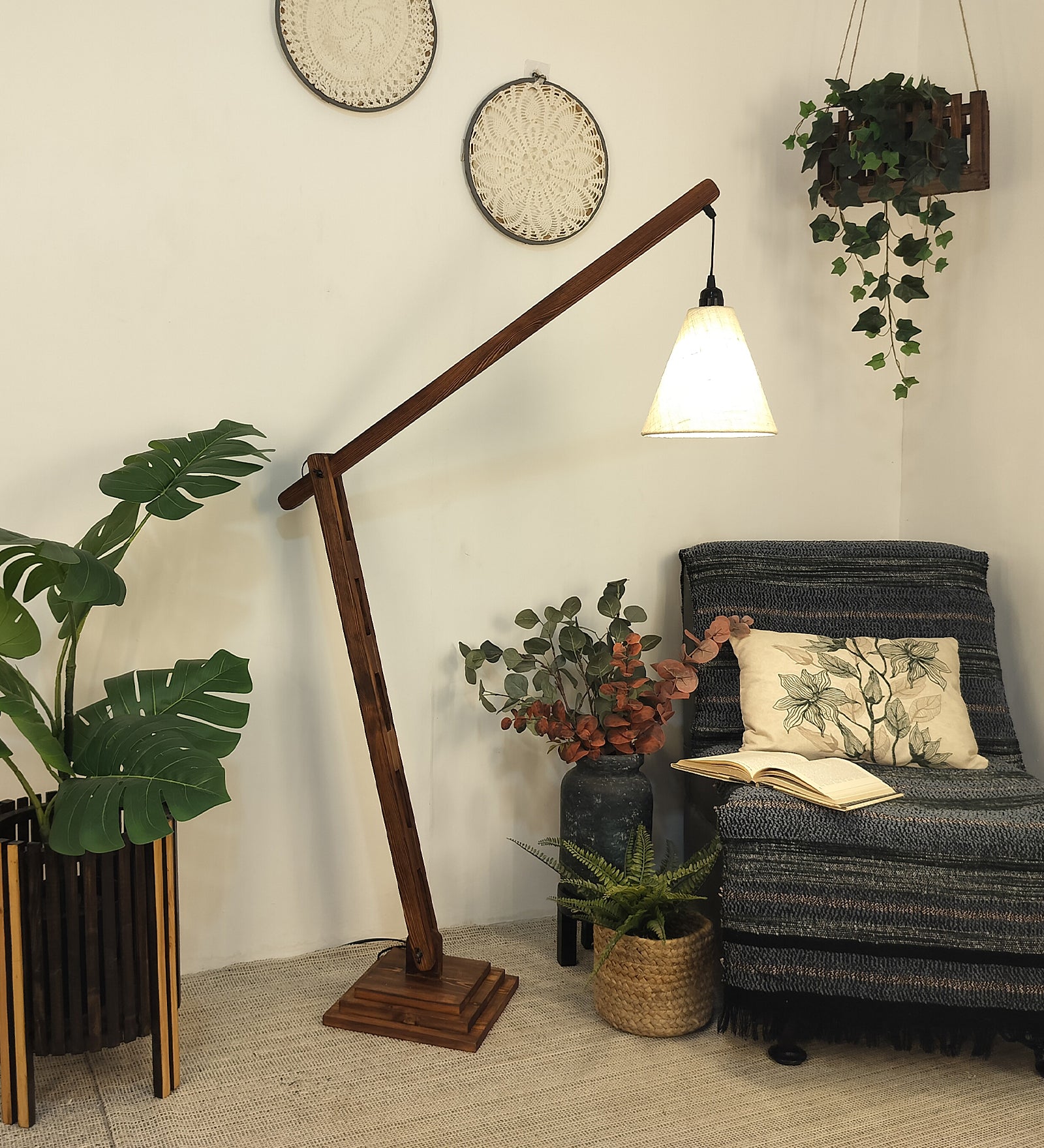 Fisher Wooden Floor Lamp with Brown Base and Jute Fabric Lampshade (BULB NOT INCLUDED)