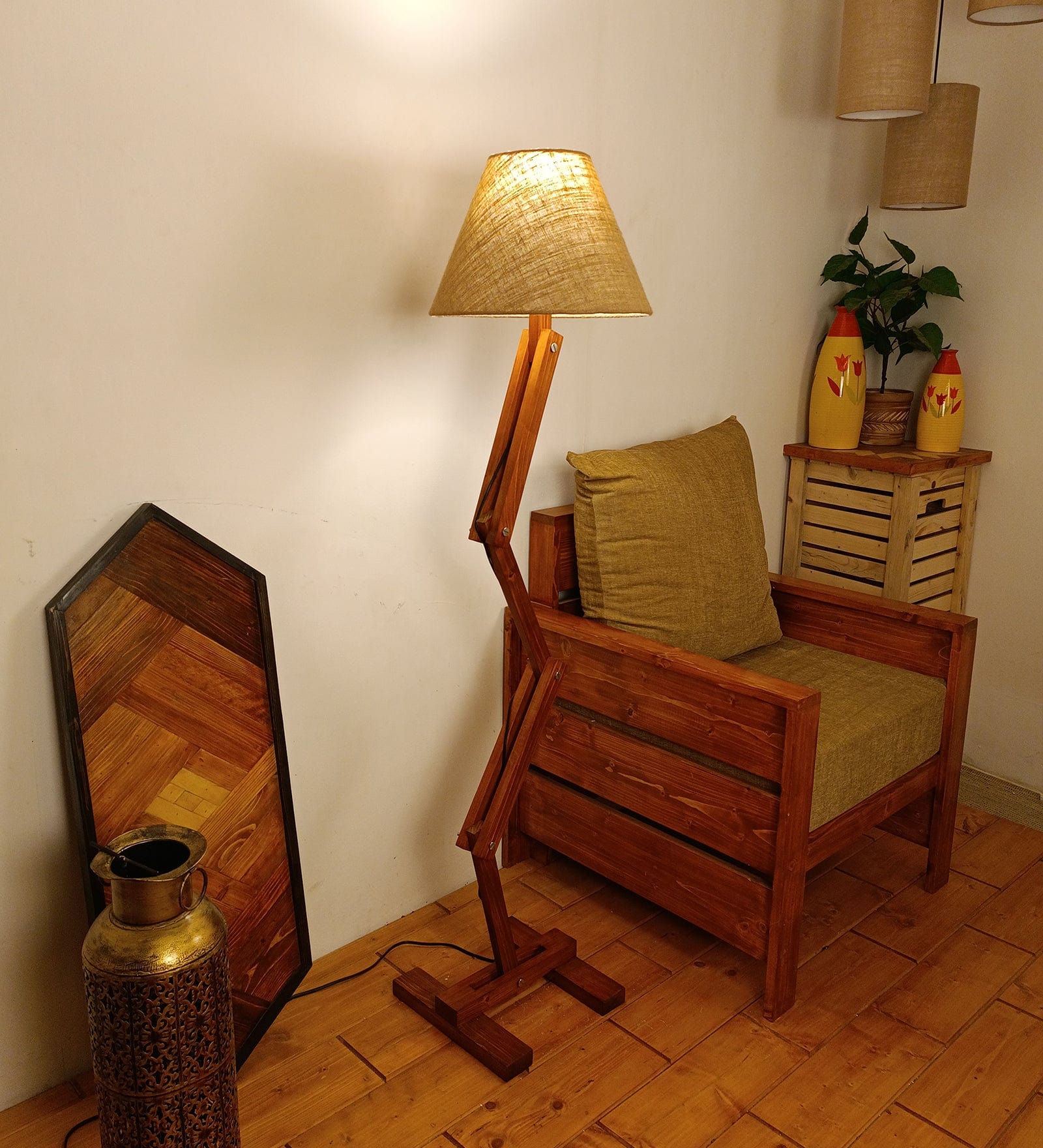 Flex Wooden Floor Lamp with Brown Base and Beige Fabric Lampshade (BULB NOT INCLUDED)