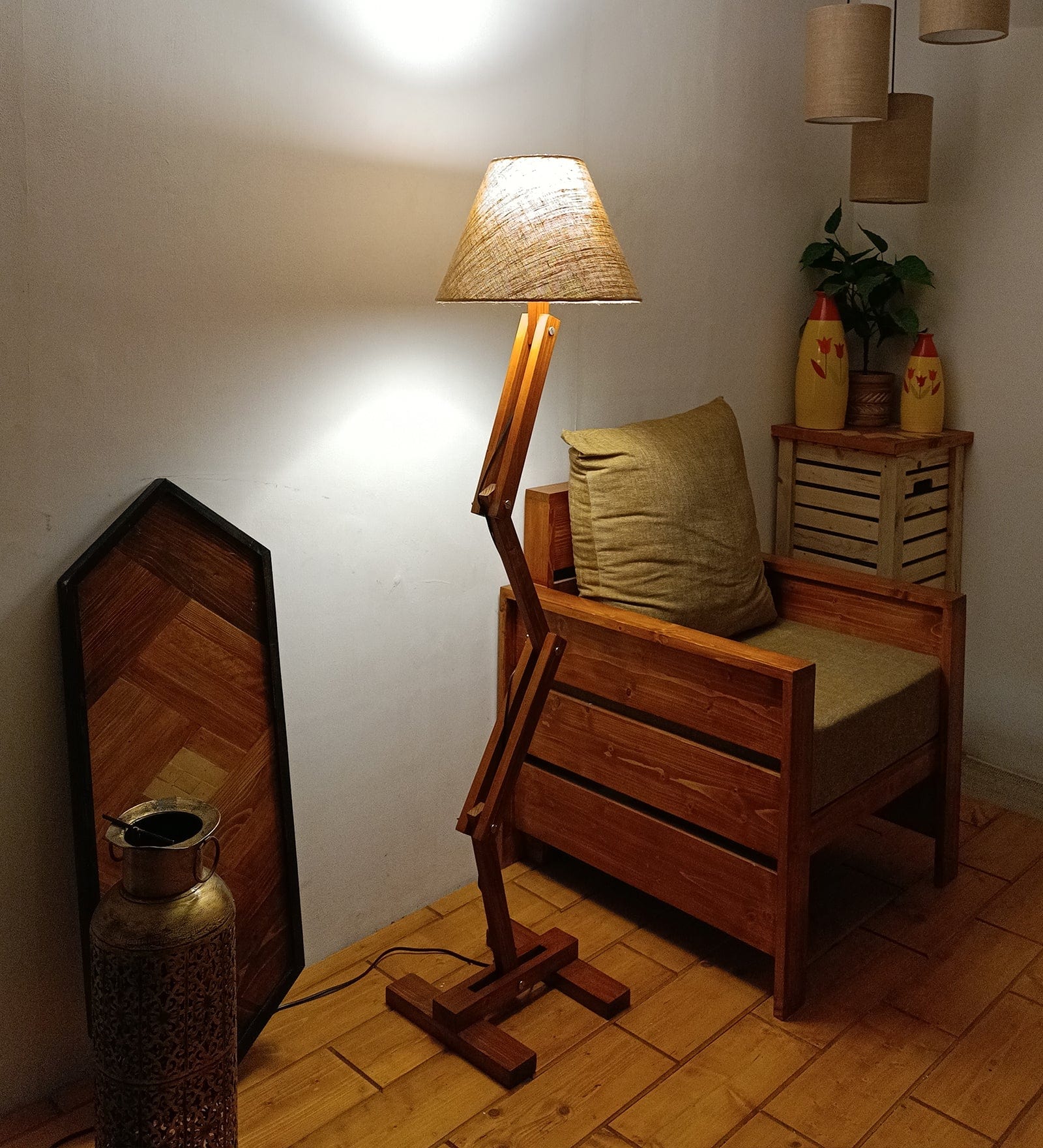 Flex Wooden Floor Lamp with Brown Base and Beige Fabric Lampshade (BULB NOT INCLUDED)