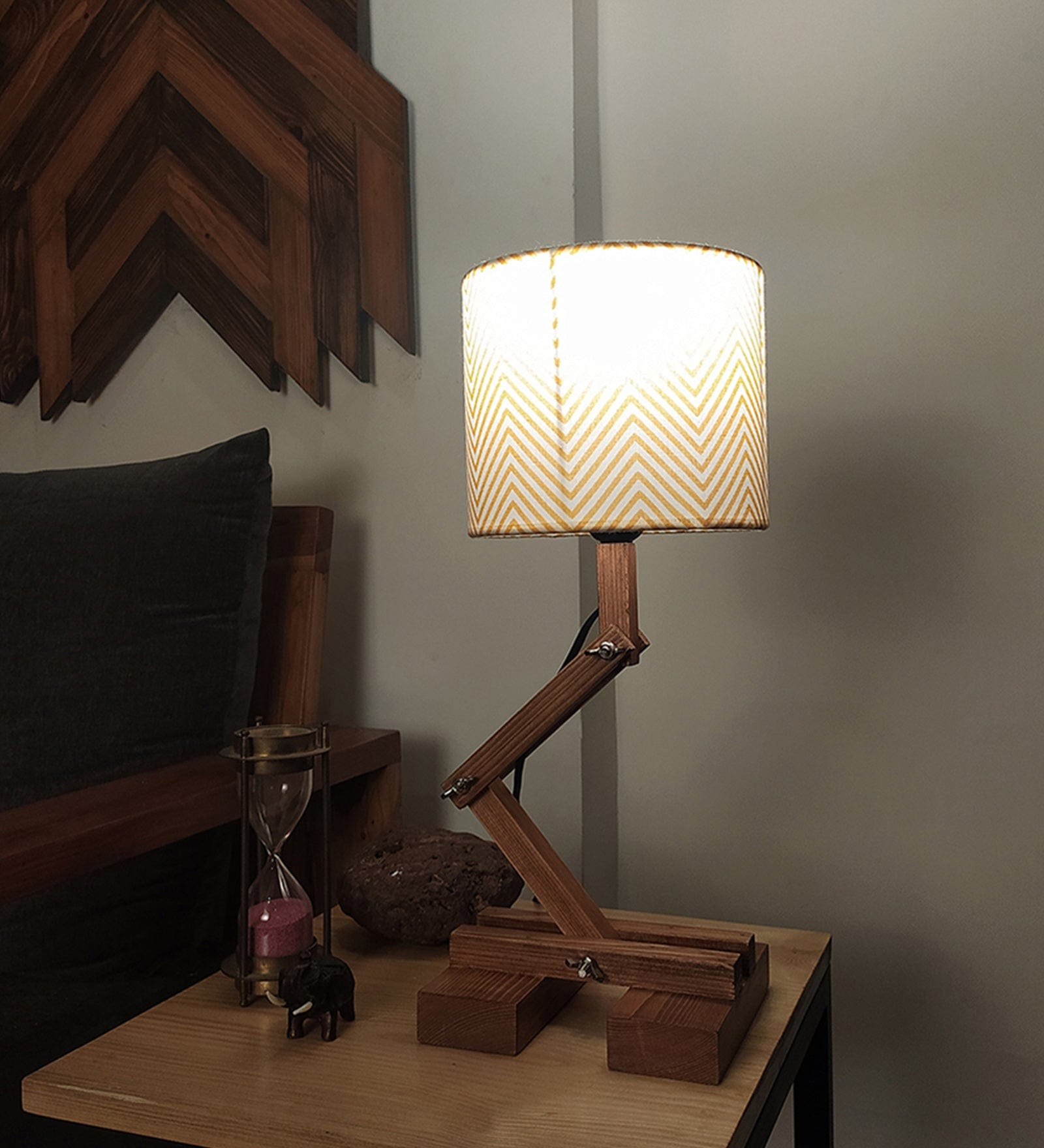 Flex Brown Wooden Table Lamp with Yellow Printed Fabric Lampshade  (BULB NOT INCLUDED)
