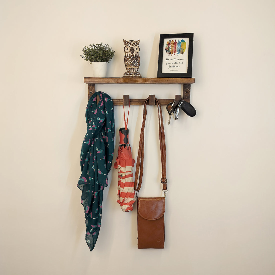 Florian Wooden Wall Shelf Organiser with Key Holders - OUCH CART | Wall decor and key  holder