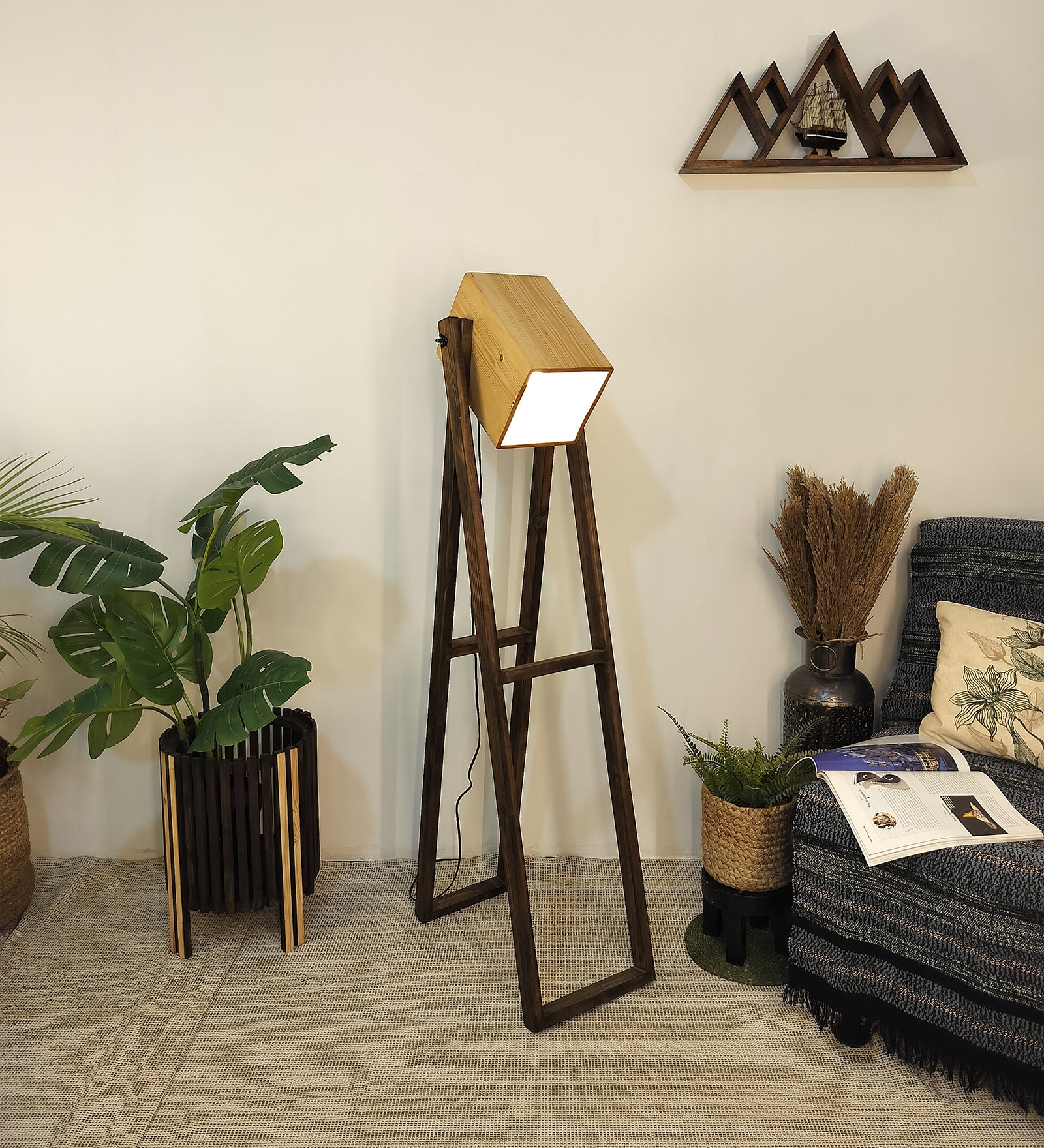 Focal Wooden Floor Lamp with Brown Base and Beige Wooden Lampshade (BULB NOT INCLUDED)