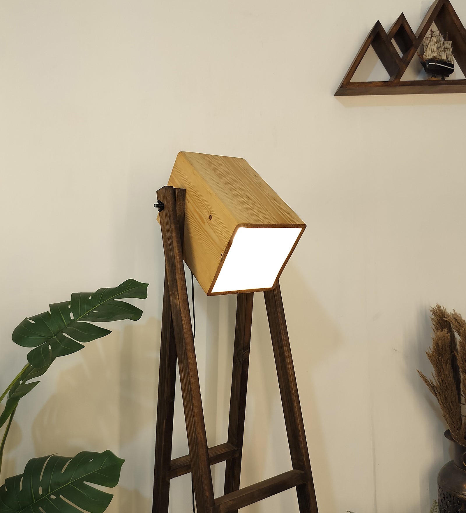 Focal Wooden Floor Lamp with Brown Base and Beige Wooden Lampshade (BULB NOT INCLUDED)