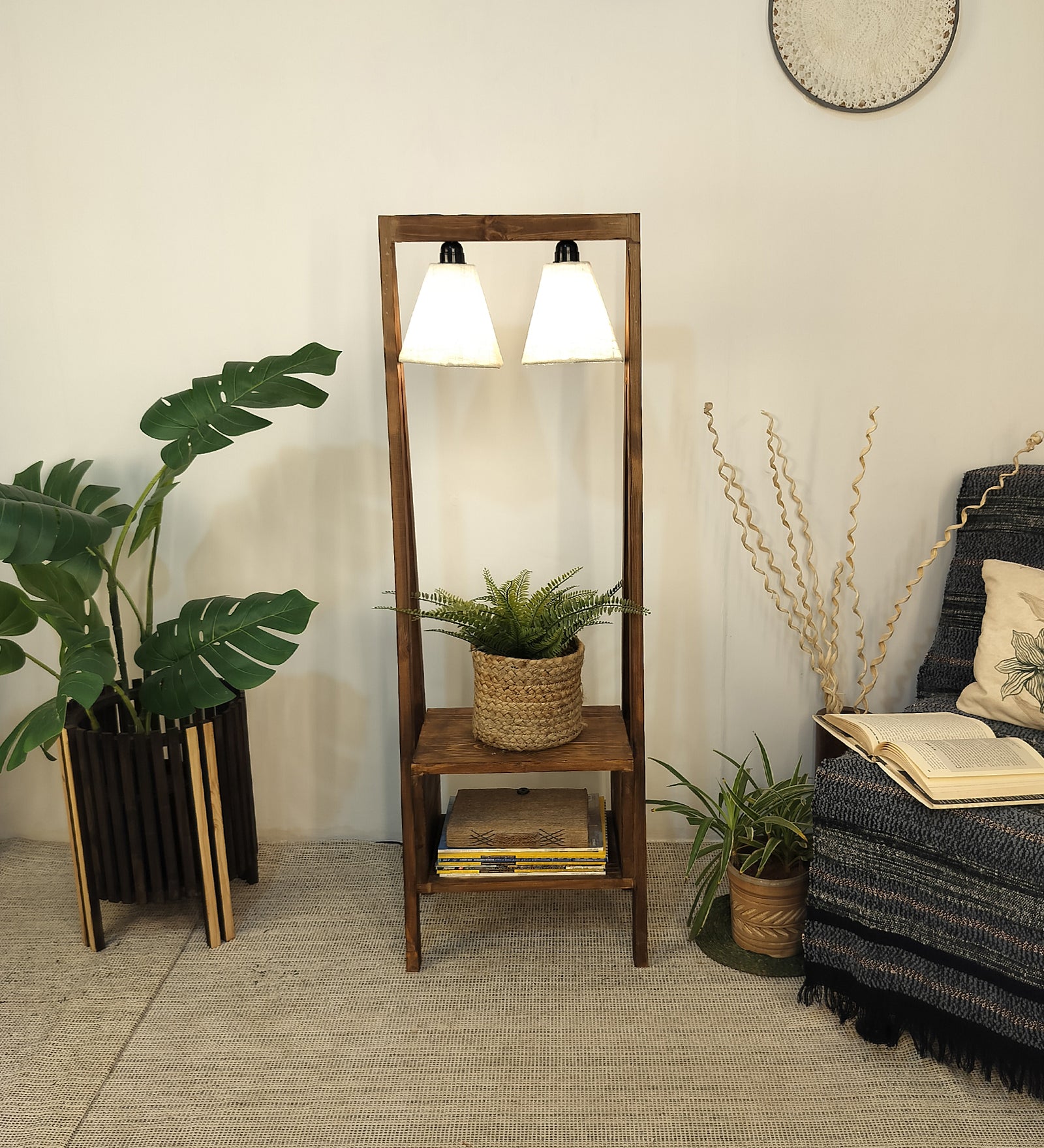 Francis Wooden Floor Lamp with Brown Base and Jute Fabric Lampshade (BULB NOT INCLUDED)