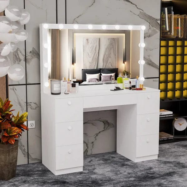 Vanrste White Vanity Table with Charging Station & Power Outlet, Makeup Vanity with Storage Drawers, Vanity Desk with Lighted Mirror for Women