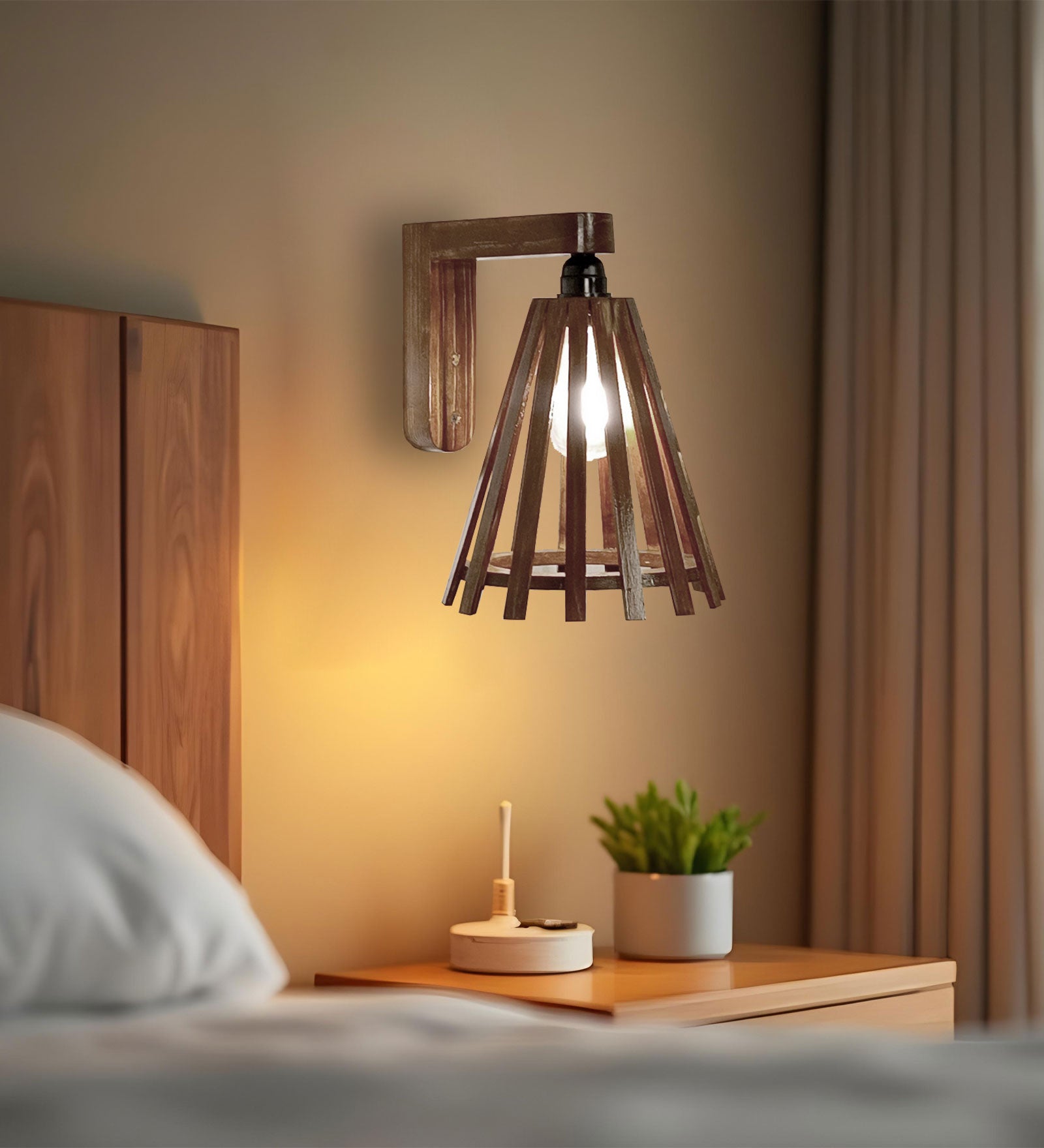 Funnel Brown Wooden Wall Light (BULB NOT INCLUDED)