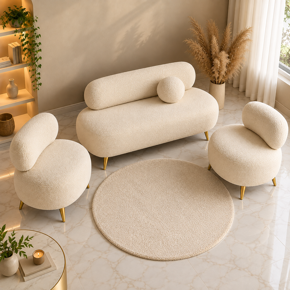 Furnkraft Cream Bouclé Sofa Set with 2 Accent Chairs, Modern 3-Seater Living Room Furniture Set with Gold Metal Legs, Plush Upholstered Sofa Set for Home, Lounge & Apartment