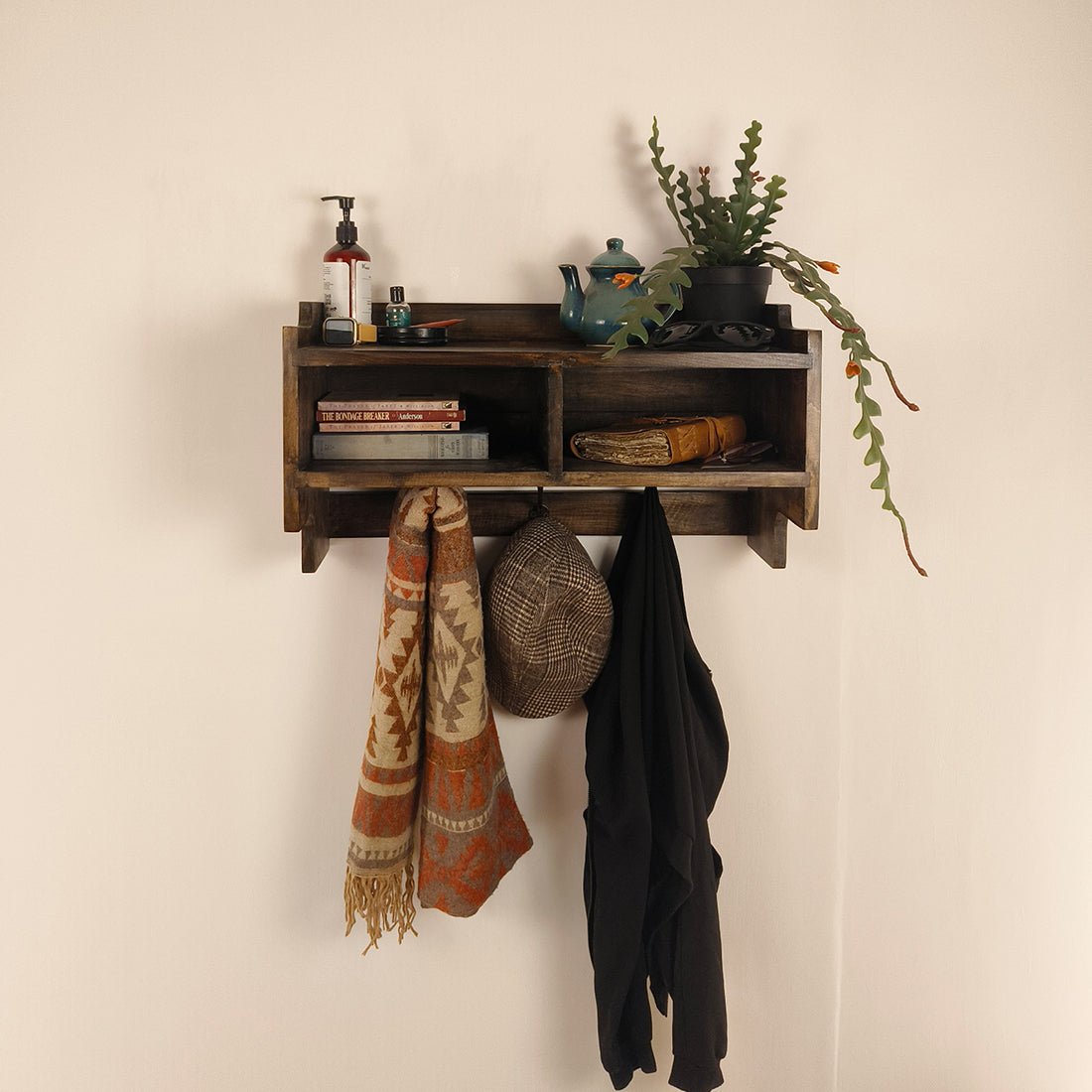 GOLDEN OAK Wooden Wall Shelf with Drawers & Key Holders