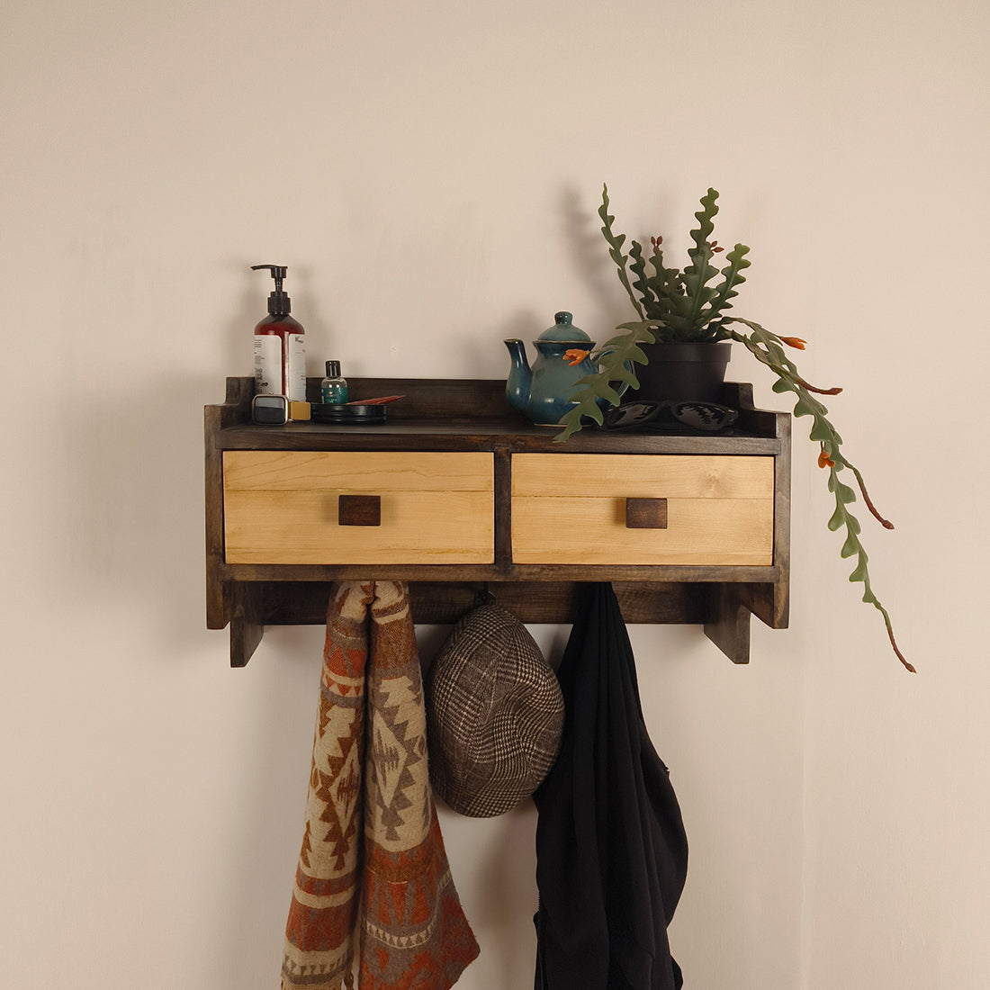 GOLDEN OAK Wooden Wall Shelf with Drawers & Key Holders - OUCH CART | Wall hanging 