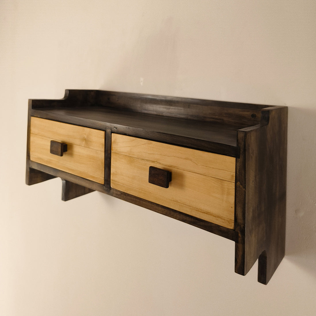 GOLDEN OAK Wooden Wall Shelf with Drawers & Key Holders