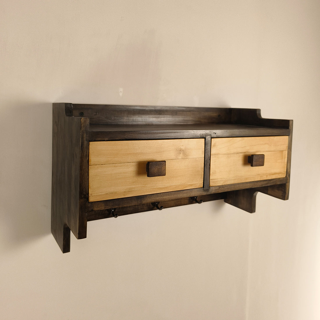 GOLDEN OAK Wooden Wall Shelf with Drawers & Key Holders