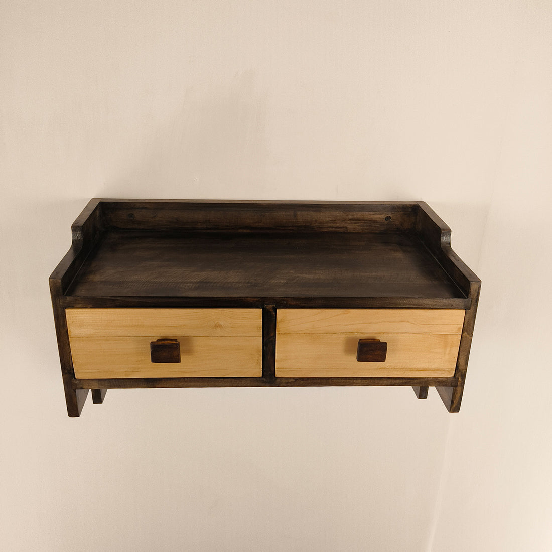 GOLDEN OAK Wooden Wall Shelf with Drawers & Key Holders