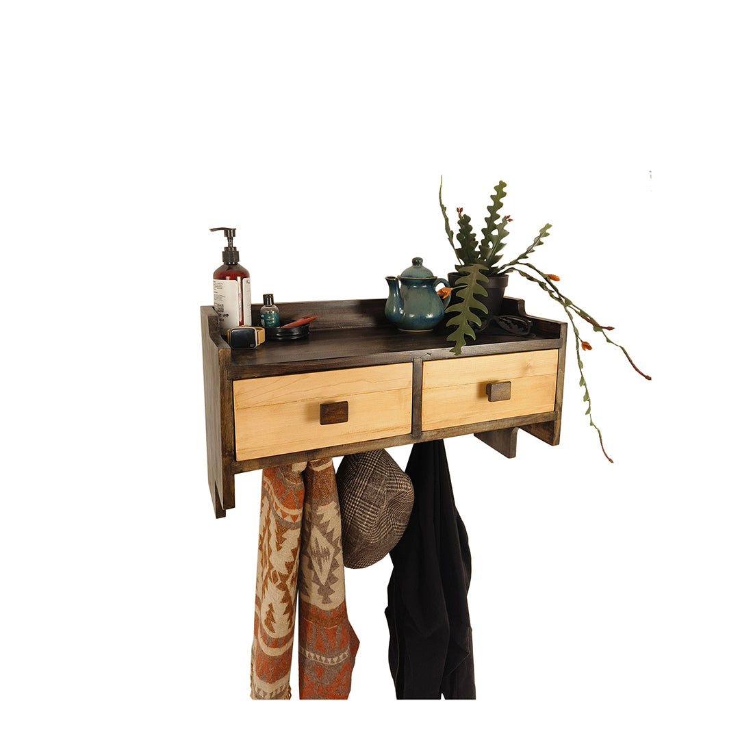 GOLDEN OAK Wooden Wall Shelf with Drawers & Key Holders