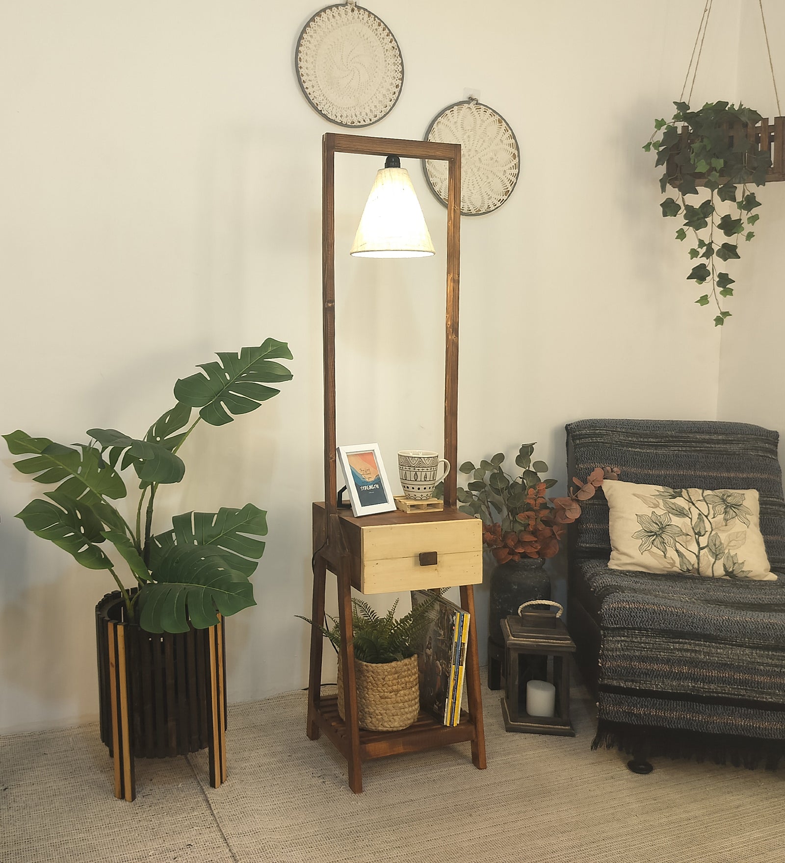 Gabrielle Wooden Floor Lamp with Brown Base and Jute Fabric Lampshade (BULB NOT INCLUDED)