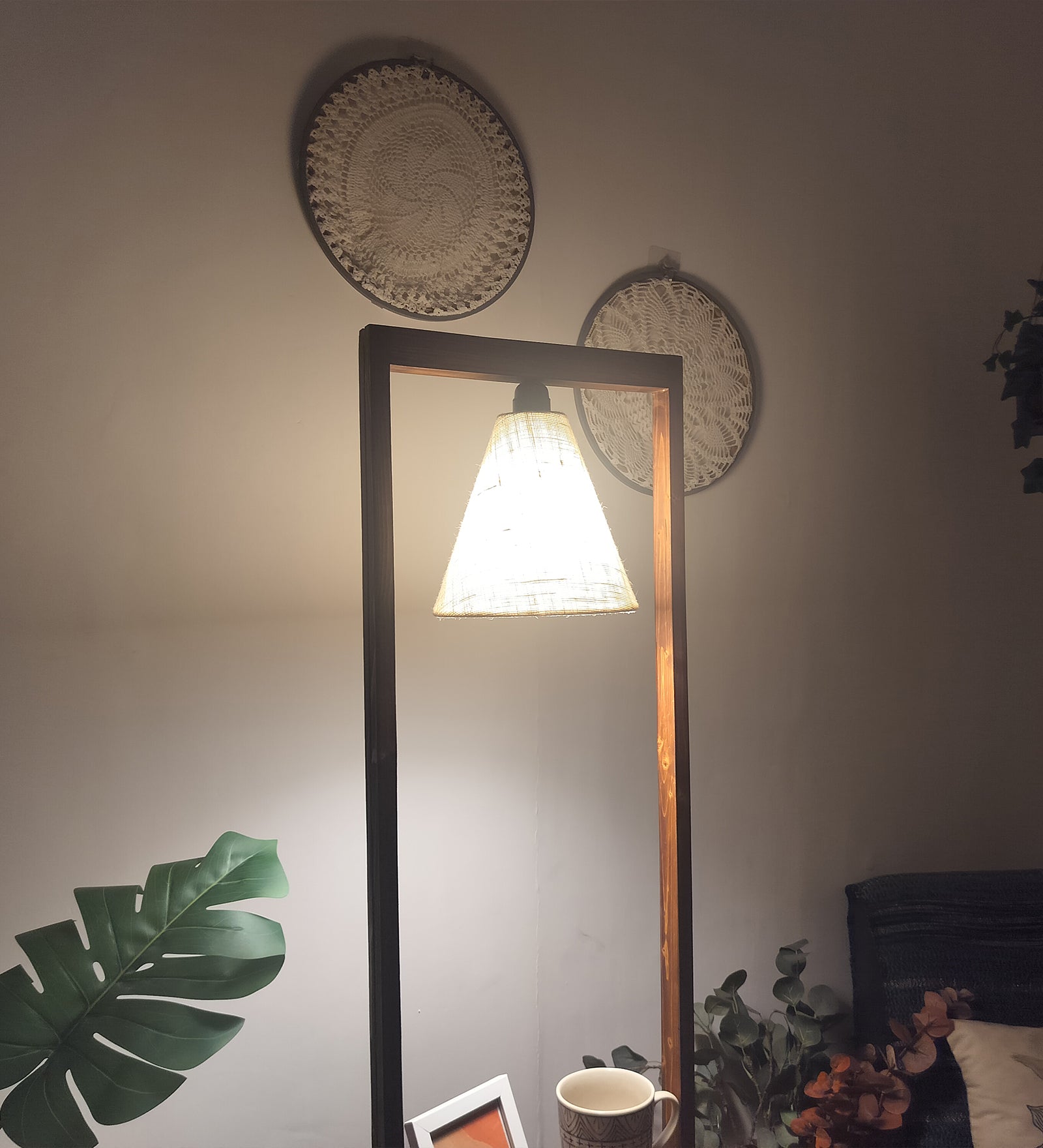 Gabrielle Wooden Floor Lamp with Brown Base and Jute Fabric Lampshade (BULB NOT INCLUDED)