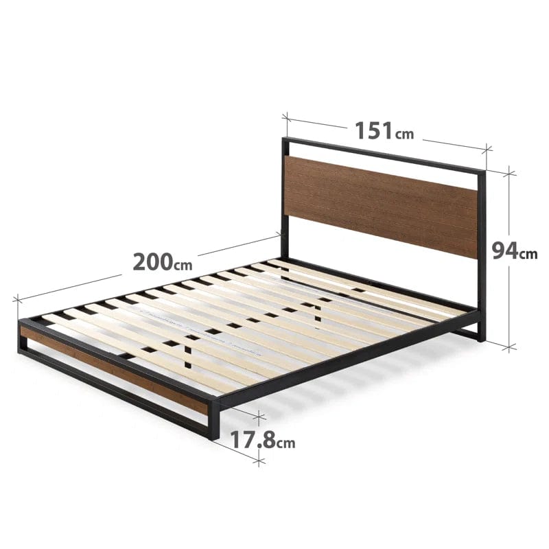 Gemma Solid Steel Bed Frame with Detailed Wood Headboard