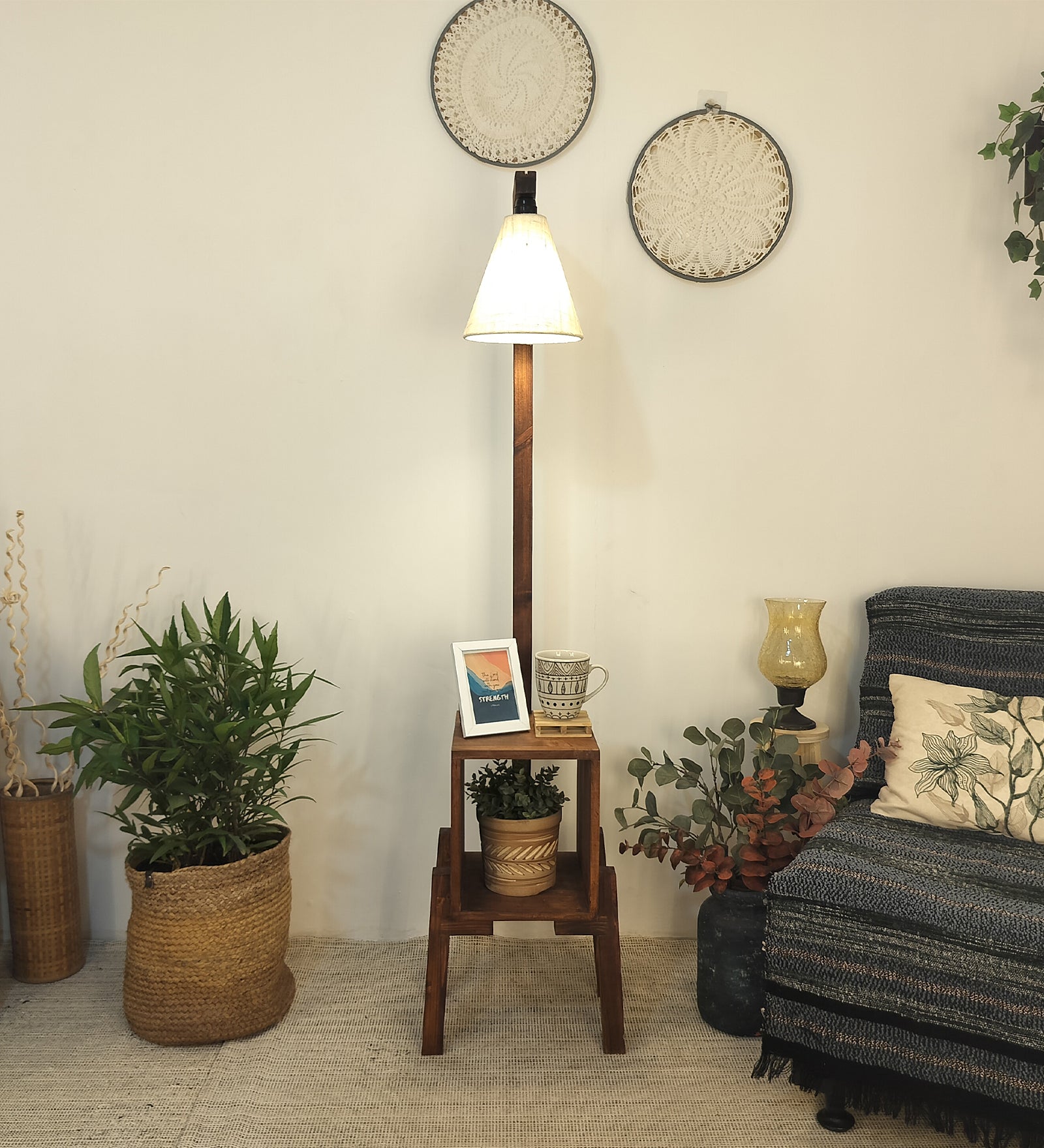 Gerard Wooden Floor Lamp with Brown Base and Jute Fabric Lampshade (BULB NOT INCLUDED)