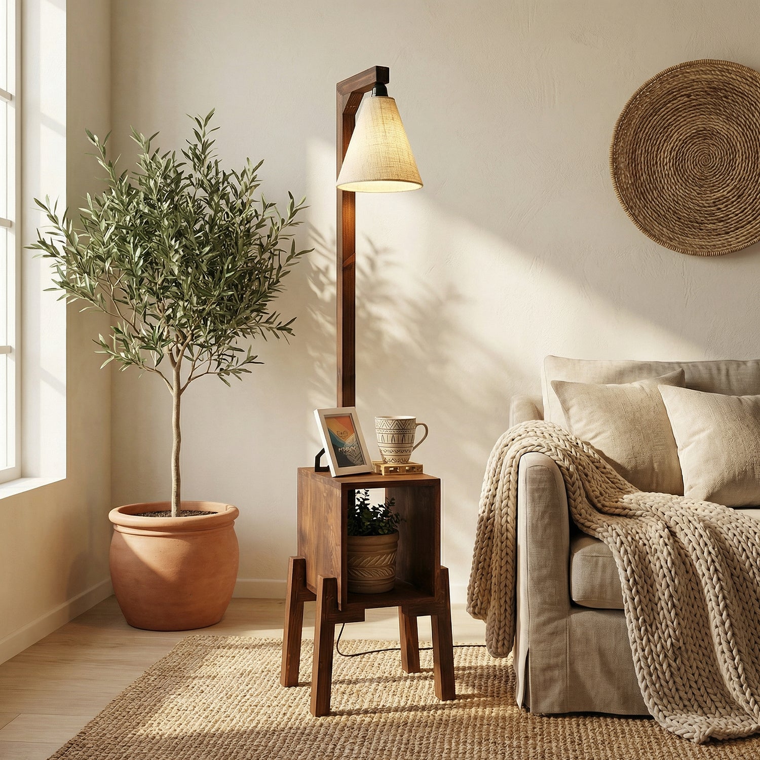 Gerard Wooden Floor Lamp with Brown Base and Jute Fabric Lampshade (BULB NOT INCLUDED)