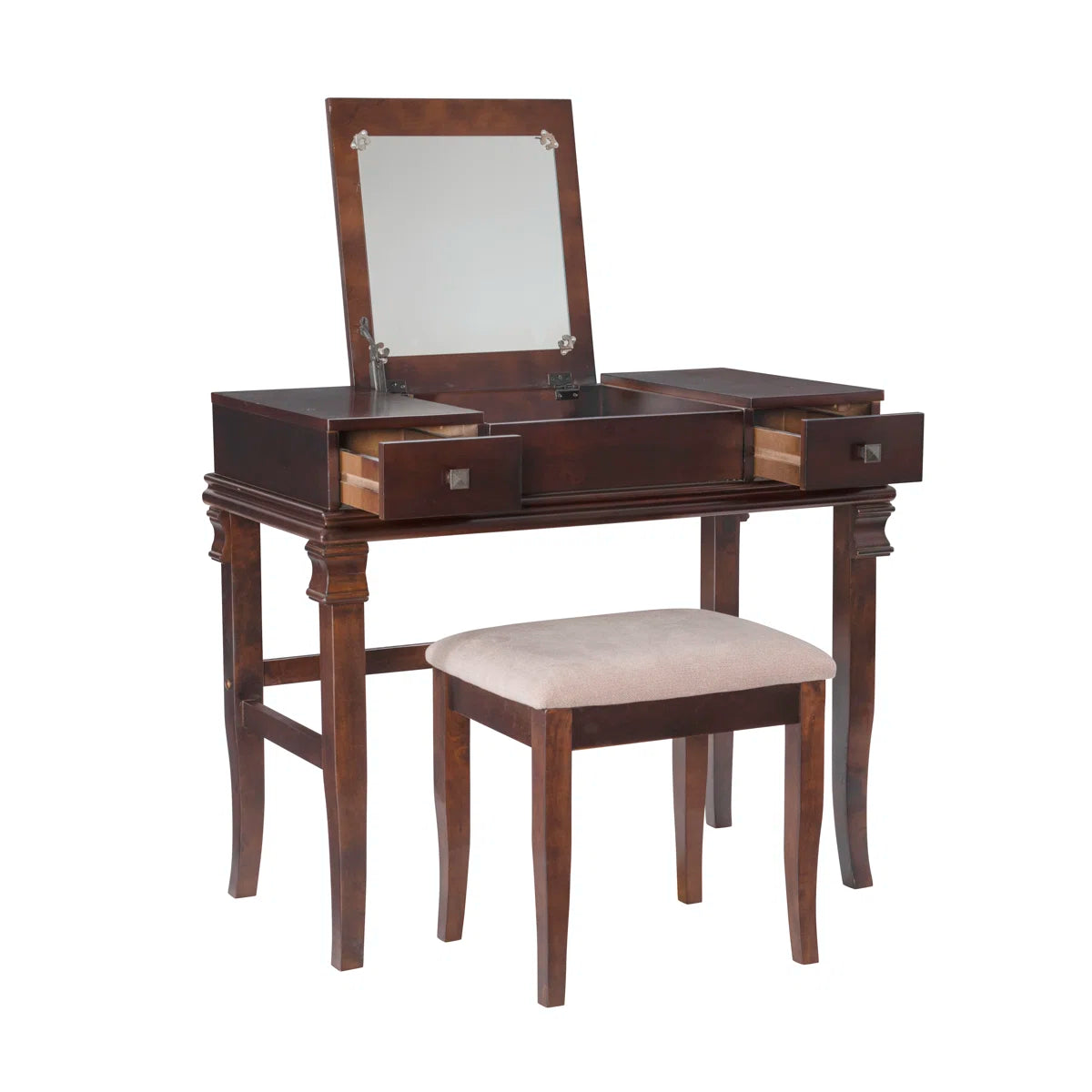 Traditional Flip-Up Mirror Vanity Set with Storage Drawers & Upholstered Bench