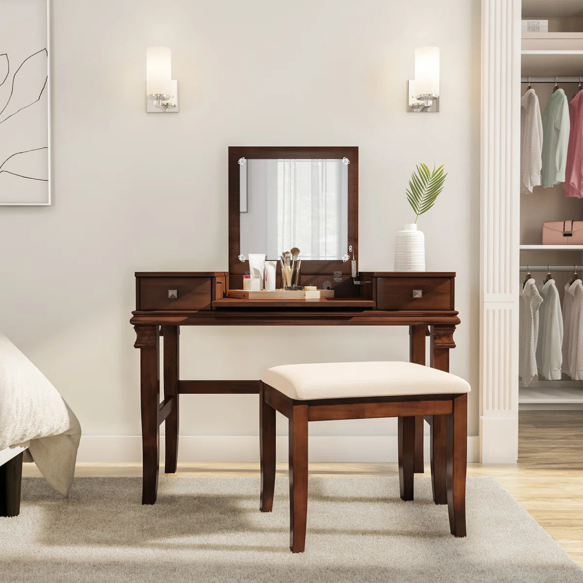 Traditional Flip-Up Mirror Vanity Set with Storage Drawers & Upholstered Bench