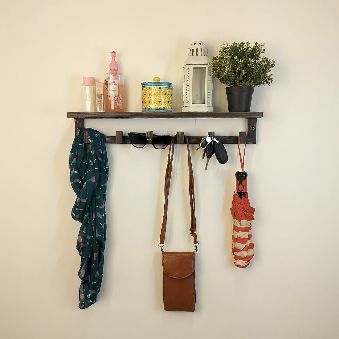 Gregor Wooden Wall Shelf Organiser with Key Holders - OUCH CART | Wall decor and hanging