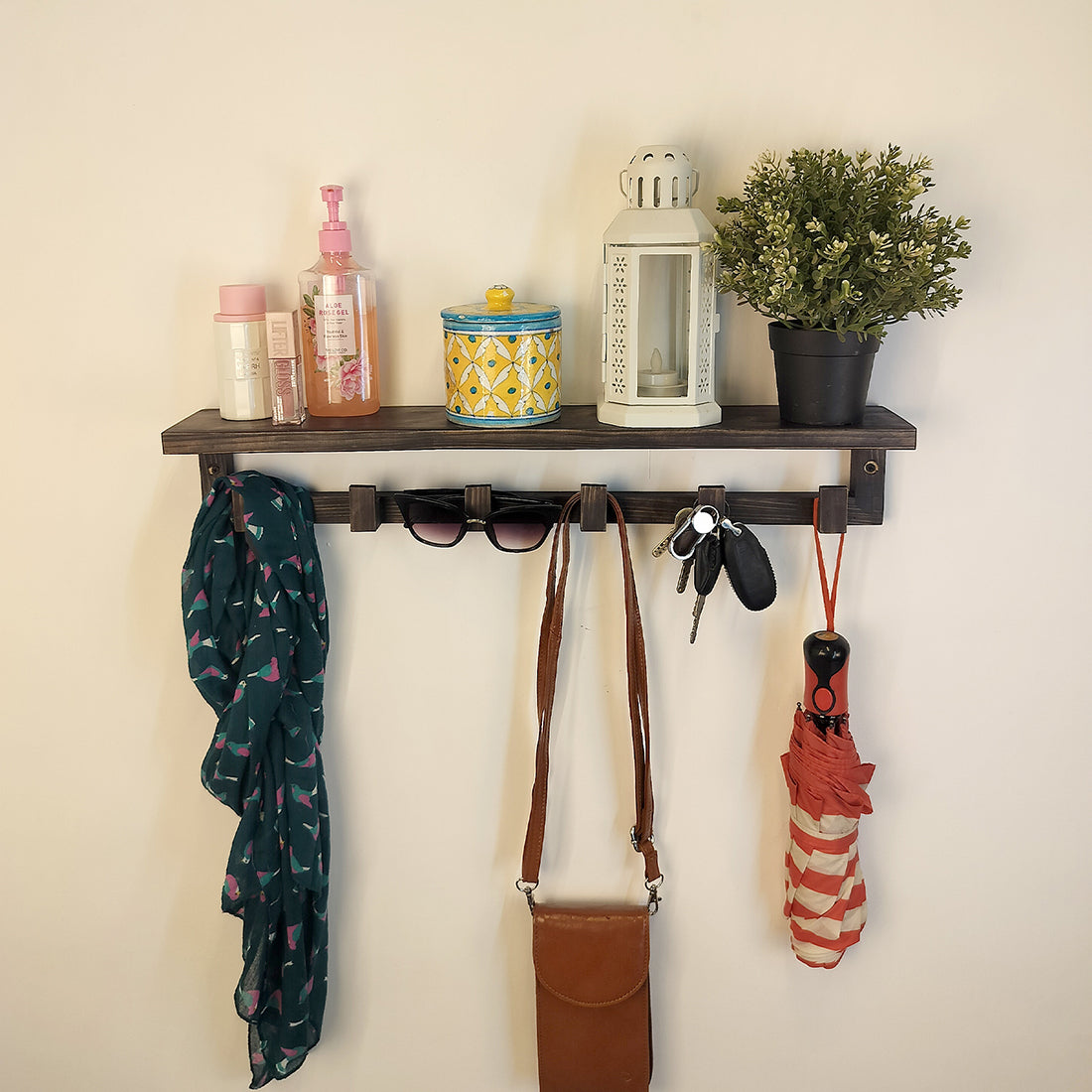 Gregor Wooden Wall Shelf Organiser with Key Holders