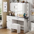 Greyden Glass Top Vanity Desk with LED Lights and Built-In Outlets