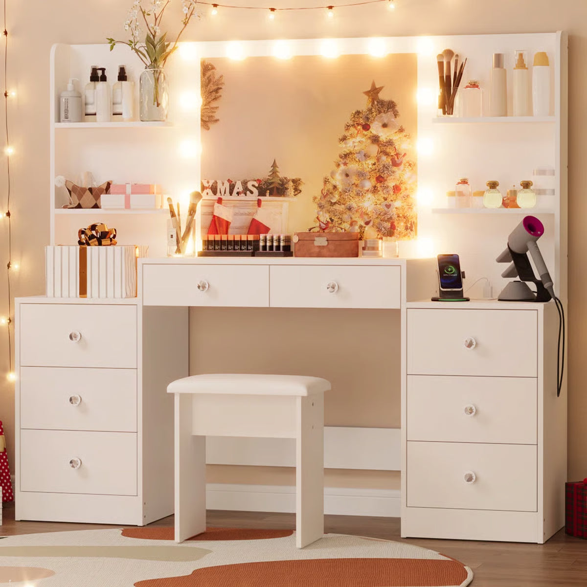 Greyden Zeibak Lighted Makeup Vanity Table with 8 Drawers, 14 LED Lights, and Ample Storage- OUCH CART | Dressing table 
