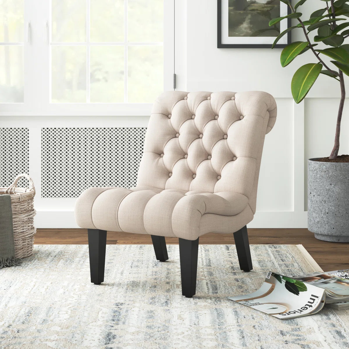 Elegant Linen Tufted Slipper Chair with Solid Wood Legs