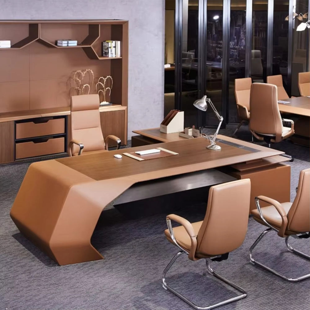Modern Executive Office Desk with Integrated Storage & Sleek Curved Design