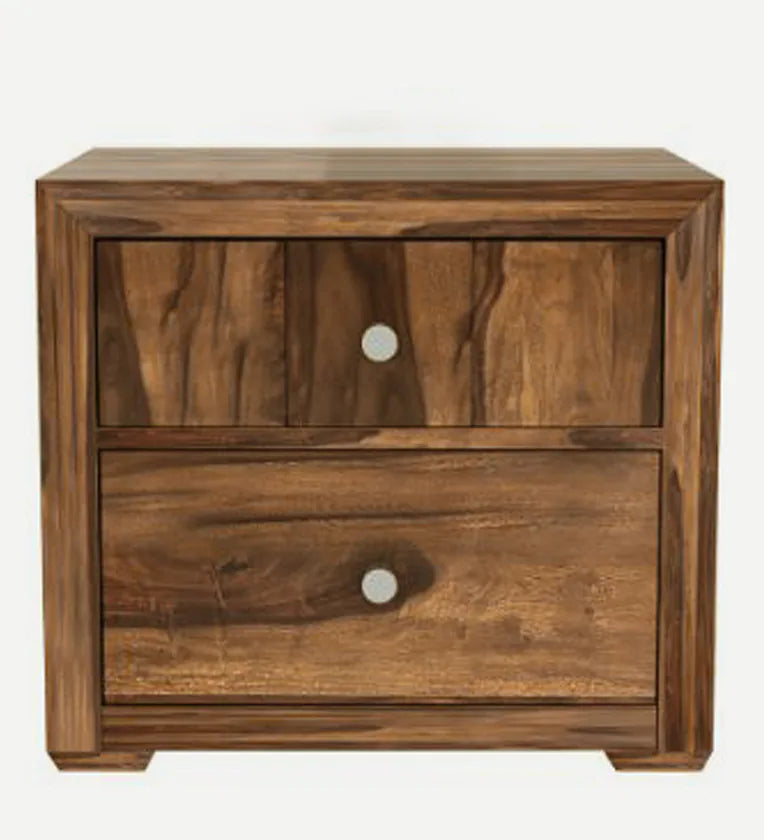 Sheesham Wood Bedside Table In Rustic Teak Finish With Drawers