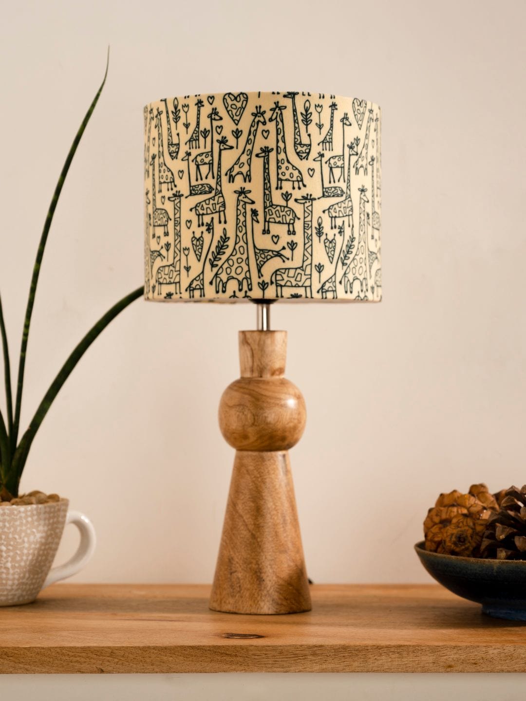 Wooden Skirt Lamp with Multicolor Animal Print Shade
