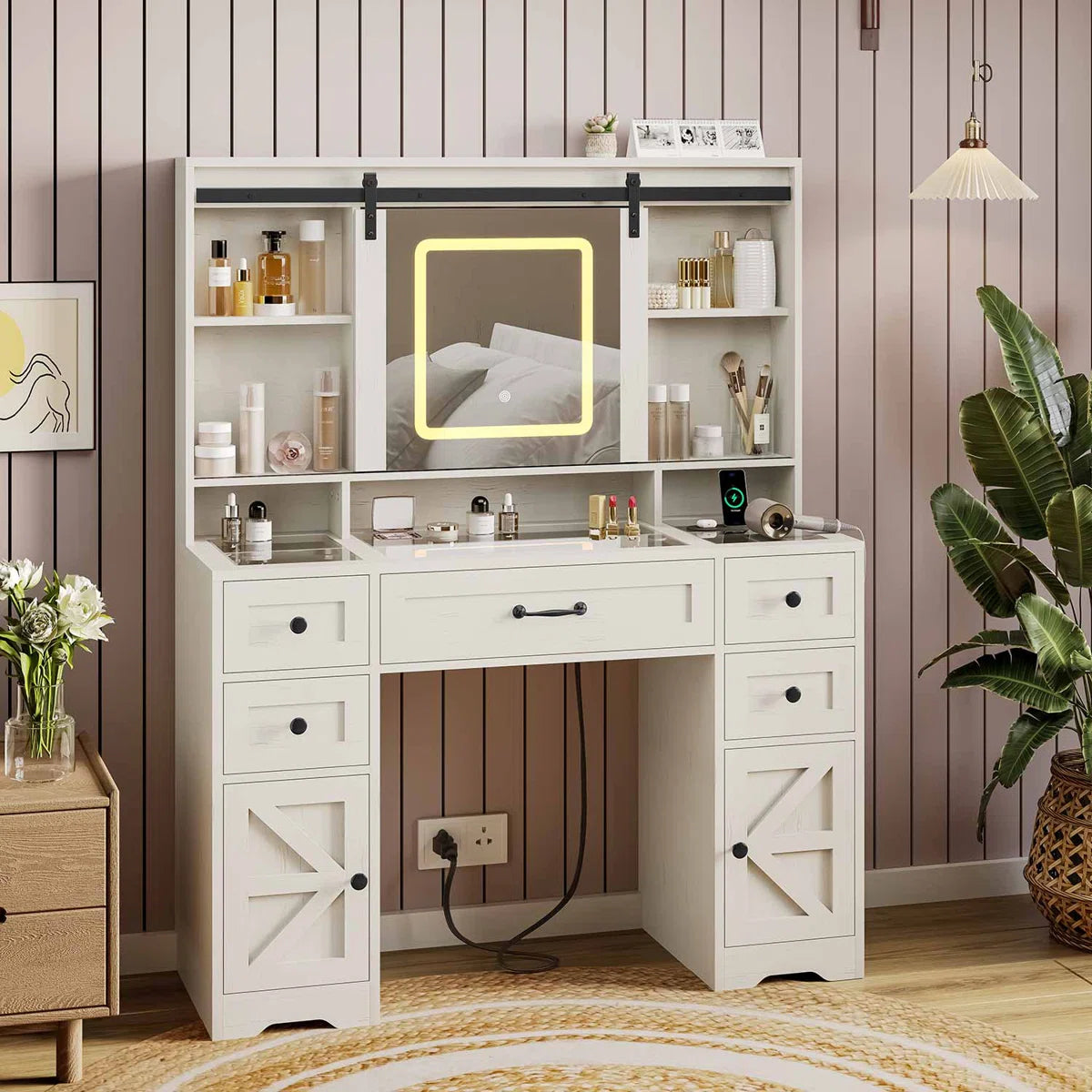 Hagler Modern Farmhouse Makeup Vanity Table with Sliding LED Mirror and 3-Mode LED Lighting- OUCH CART | Dressing table