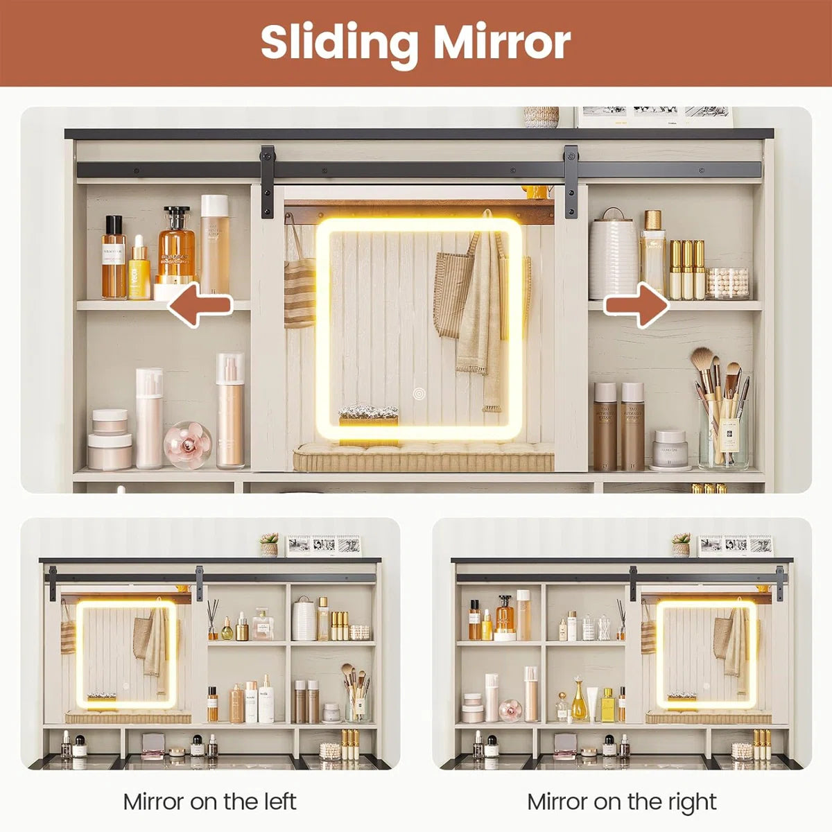 Hagler Modern Farmhouse Makeup Vanity Table with Sliding LED Mirror and 3-Mode LED Lighting- OUCH CART | Dressing table