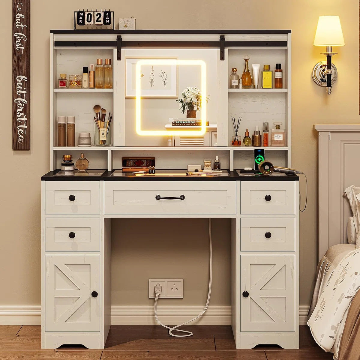 Hagler Modern Farmhouse Makeup Vanity Table with Sliding LED Mirror and 3-Mode LED Lighting- OUCH CART | Dressing table
