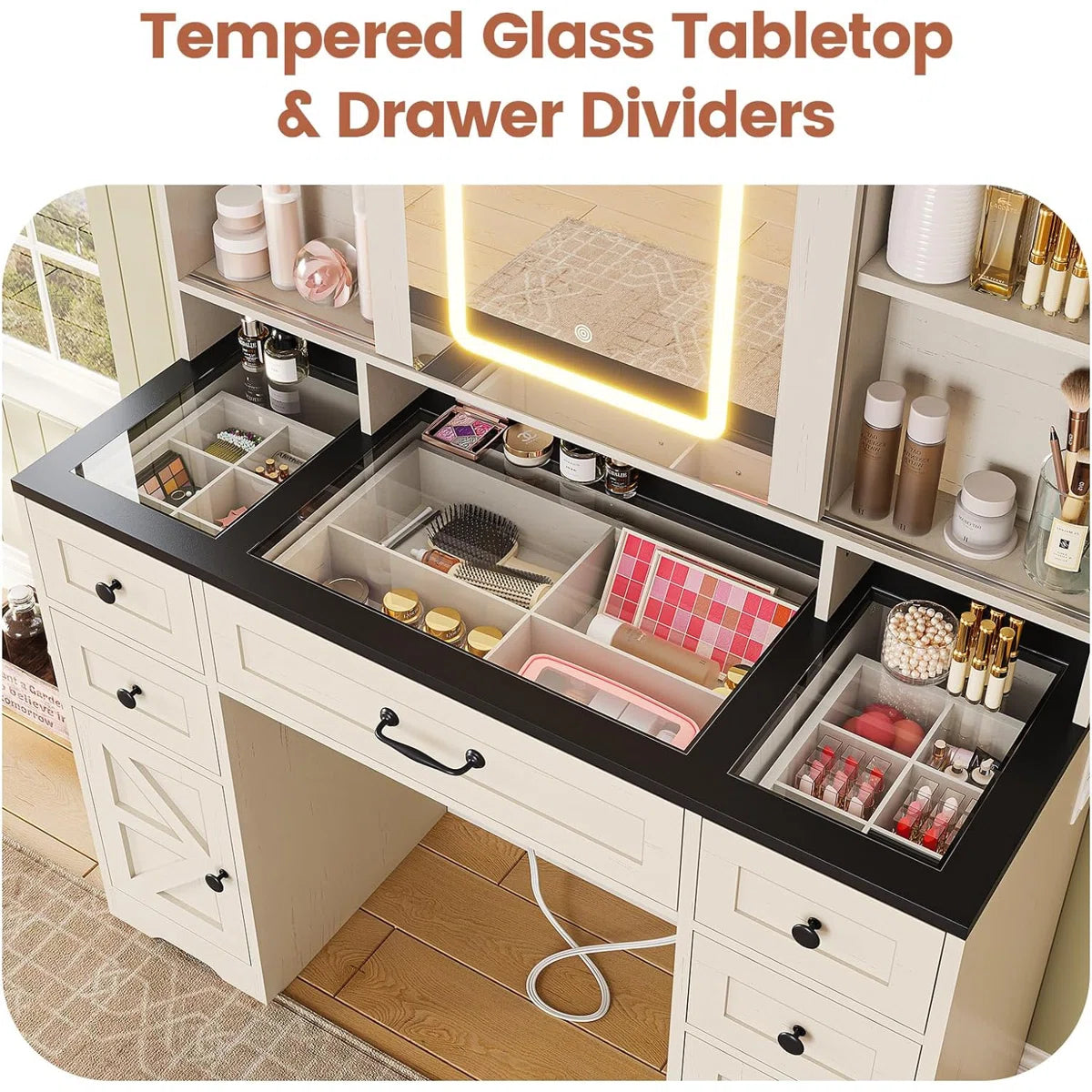 Hagler Modern Farmhouse Makeup Vanity Table with Sliding LED Mirror and 3-Mode LED Lighting- OUCH CART | Dressing table
