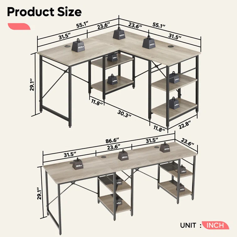 L Shaped Desk with Shelves 86.6 Inch, Reversible Corner Computer Desk or 2 Person Long Table