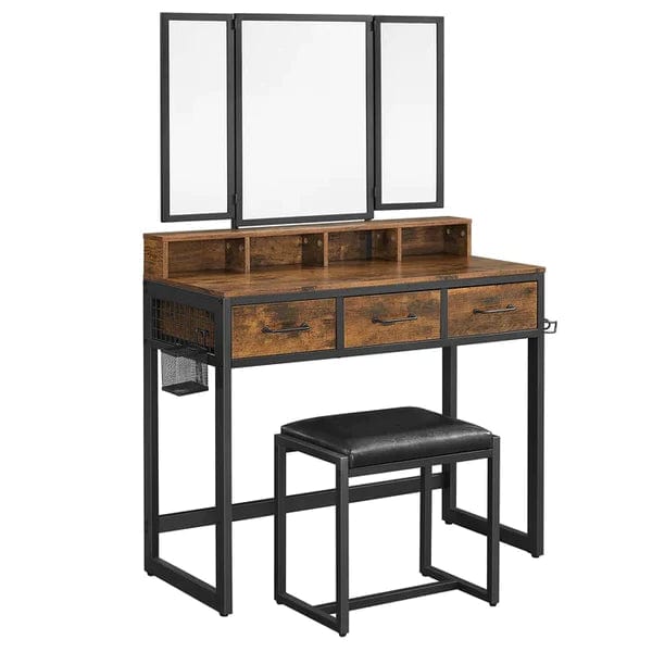 Felix Vanity Dressing Table Vanity Desk Set with Mirror, Makeup Table with Drawer & Dressing Table with Stool for Bedroom, Rustic Brown