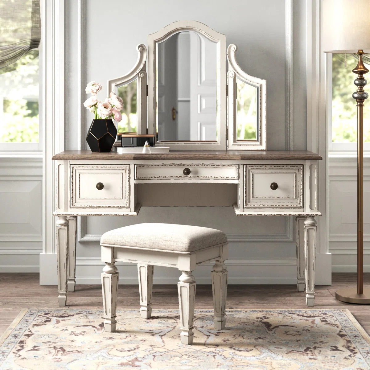 Kelly Clarkson Home 3-Piece Two-Tone Vanity Set with Tri-Fold Mirror & Upholstered Stool