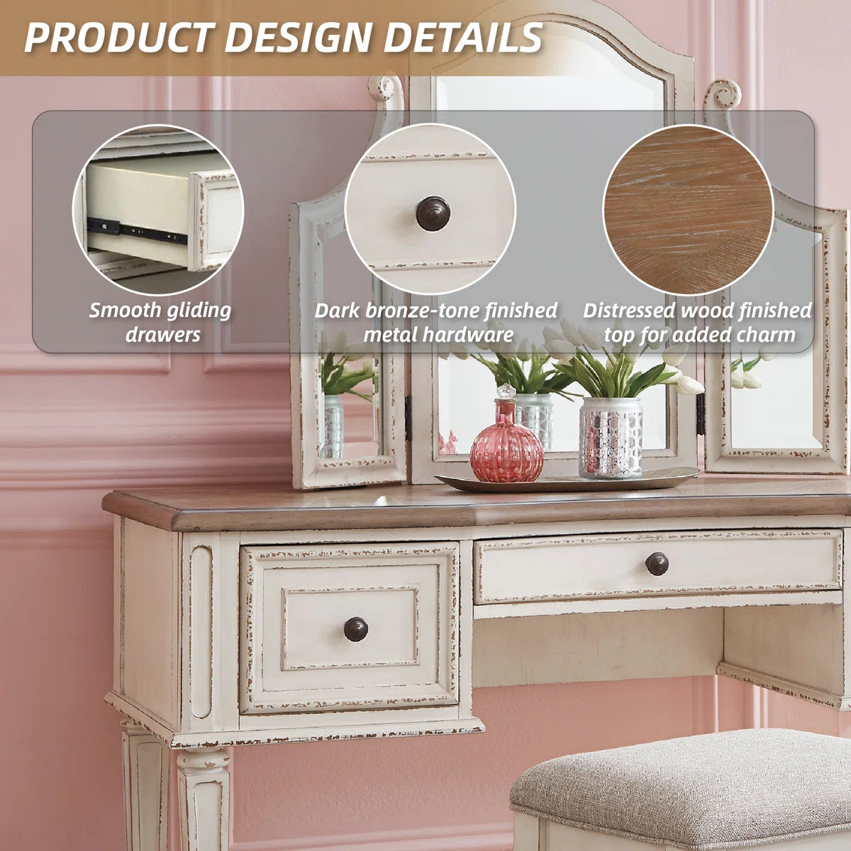 Kelly Clarkson Home 3-Piece Two-Tone Vanity Set with Tri-Fold Mirror & Upholstered Stool