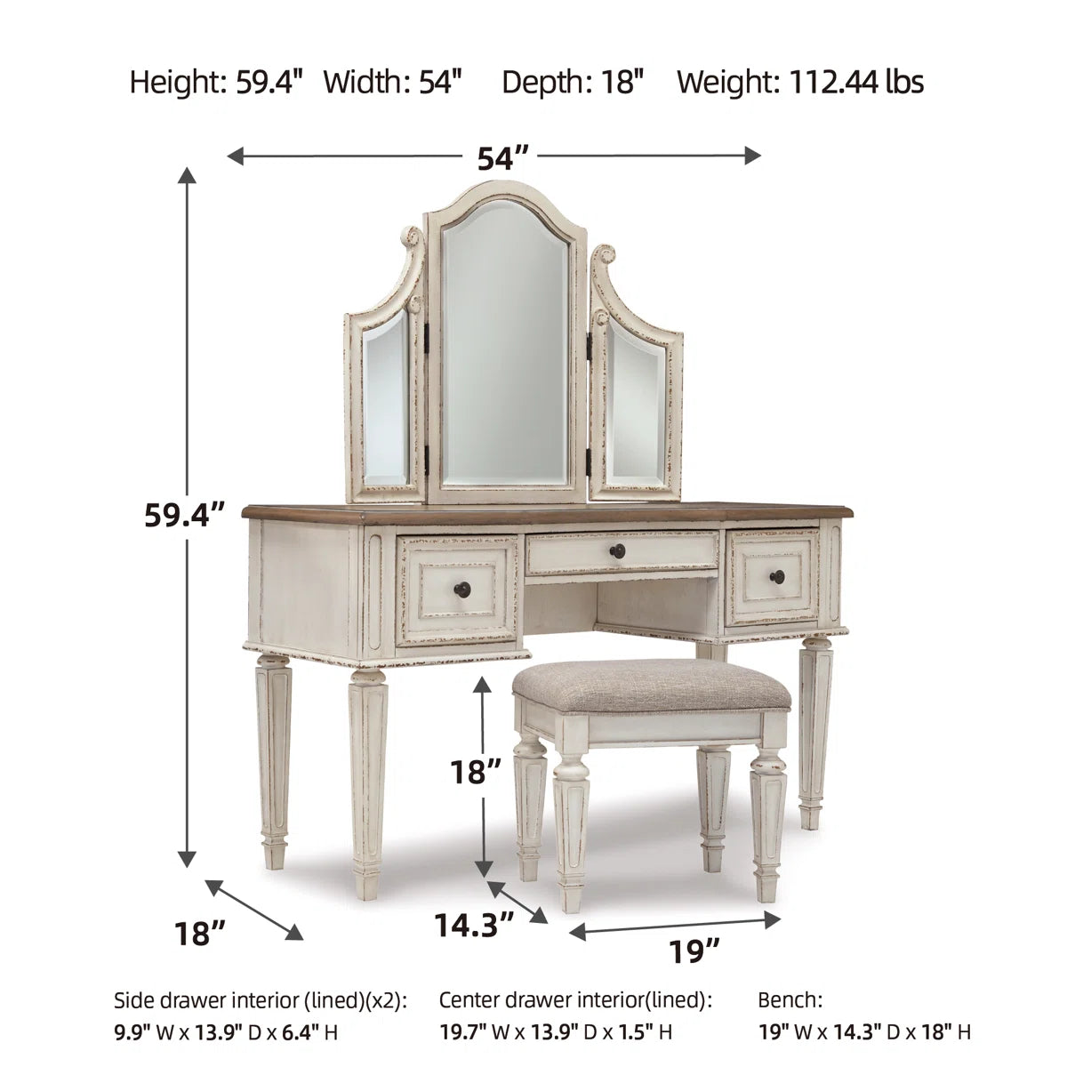 Kelly Clarkson Home 3-Piece Two-Tone Vanity Set with Tri-Fold Mirror & Upholstered Stool