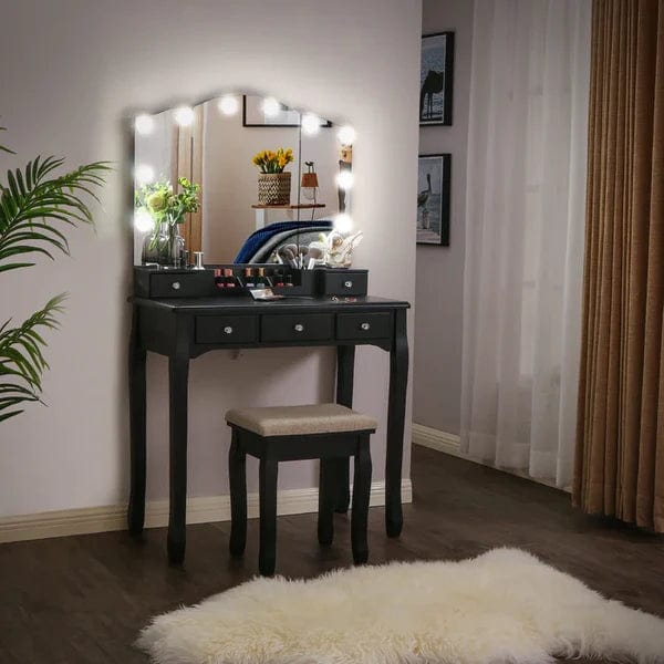 Sbdmirau Modern Vanity Desk with Lighted Mirror, Desk Makeup Dressing Table, 10 LED Lights, 3 Large Drawers and 2 small drawer, Writing Desk with Storage for Bedroom, White
