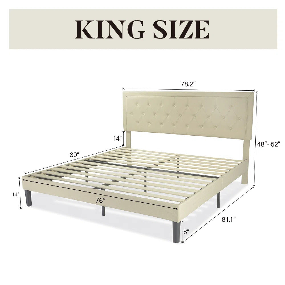 Light Beige Tufted Linen Upholstered Platform Bed with Sturdy Steel Frame