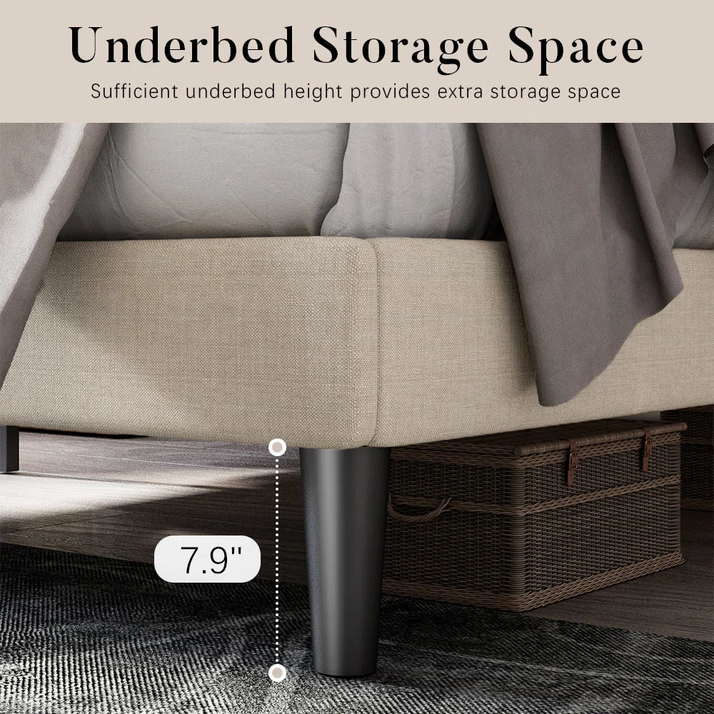 Light Beige Tufted Linen Upholstered Platform Bed with Sturdy Steel Frame