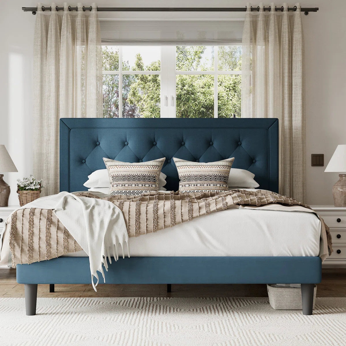 Upholstered Platform Bed with Tufted Headboard & Wood Slats