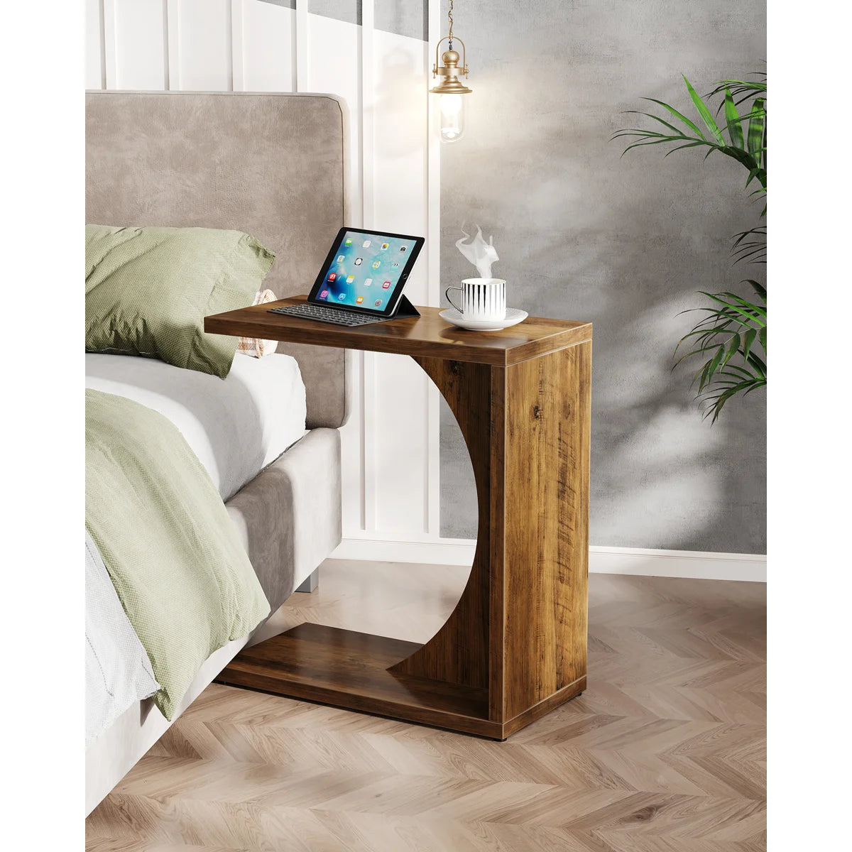 Modern C-Shaped Wooden Side Table for Sofa, Bed & Living Room