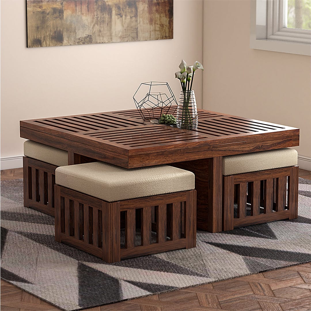 Hereford Wooden Coffee Table with 4 Stools – Brown