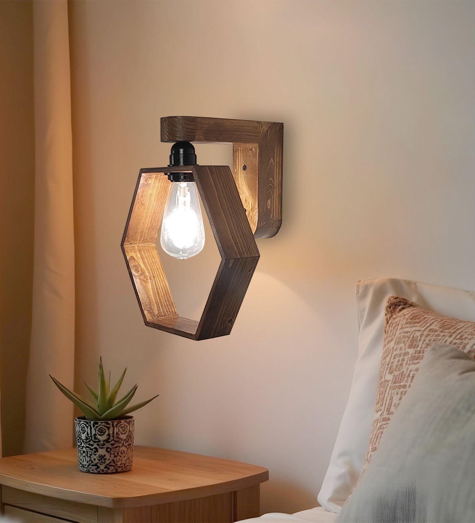 Hex Brown Wooden Wall Light (BULB NOT INCLUDED)