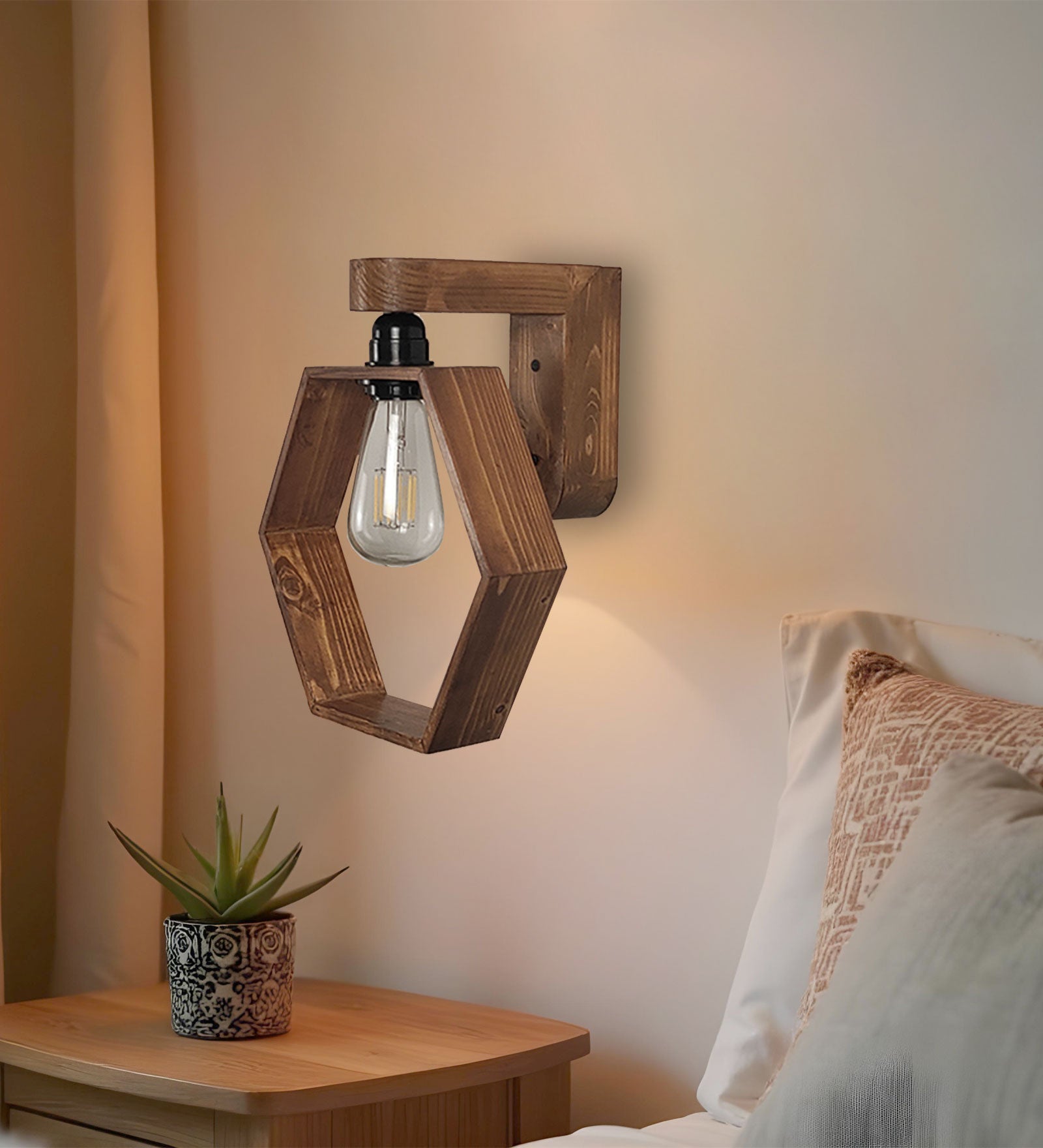 Hex Brown Wooden Wall Light (BULB NOT INCLUDED)