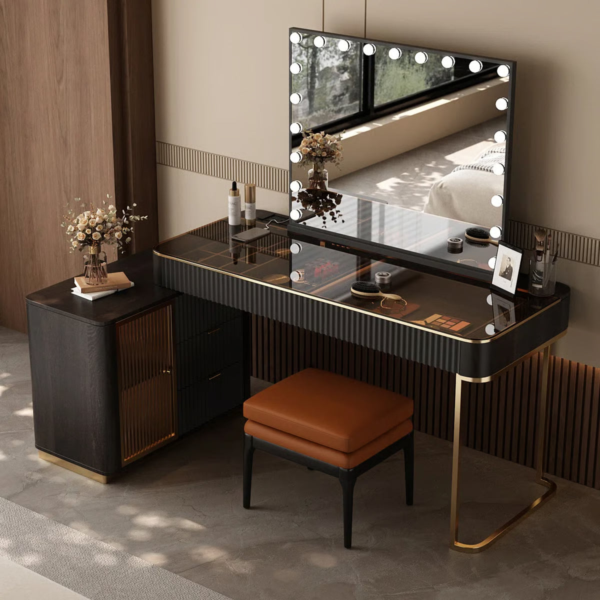 High-Quality Makeup Vanity Set with Glass Top, Built-In Power Outlet and Easy Assembly